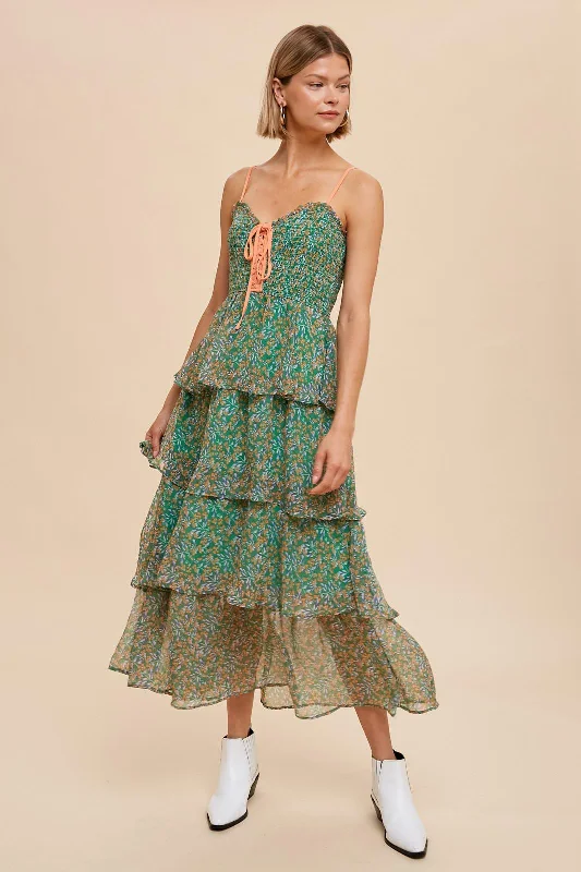 Price Fest wool dressGreen Floral Sleeveless Tiered Maxi Dress