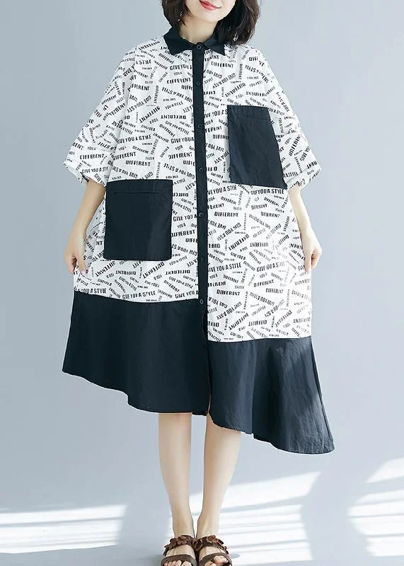 Deal of the Week comfy dressFrench lapel patchwork asymmetric Cotton white print Dresses summer