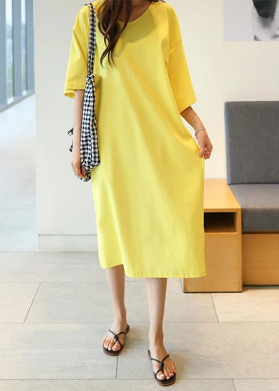 Great Deals printed dressDIY o neck side open cotton Tunics Shape yellow long Dress