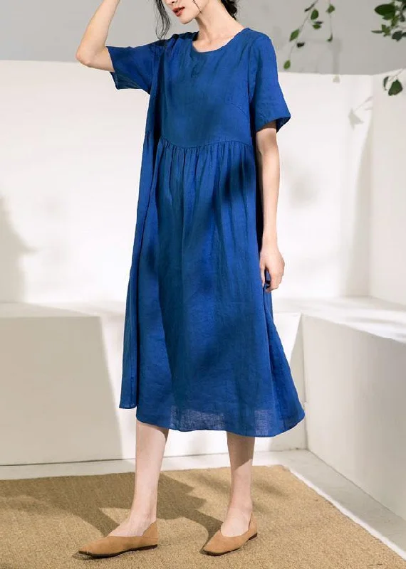 Blowout Sale casual evening dressNatural o neck Cinched linen summer dresses Fabrics blue Dress