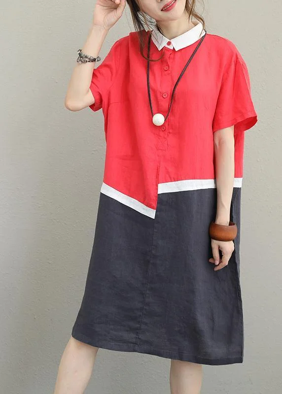 Huge Savings trendy dressdiy lapel patchwork linen Robes Christmas Gifts red Dress