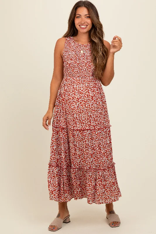 Price Reduction casual evening dressRust Floral Sleeveless Ruffle Tiered Maternity Maxi Dress