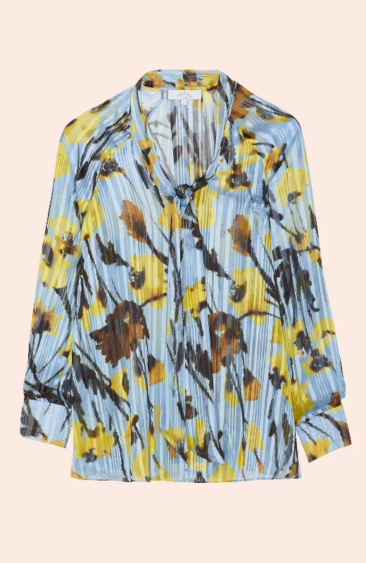Online Only Metallic Floral Tie Neck Top | Sky Multi