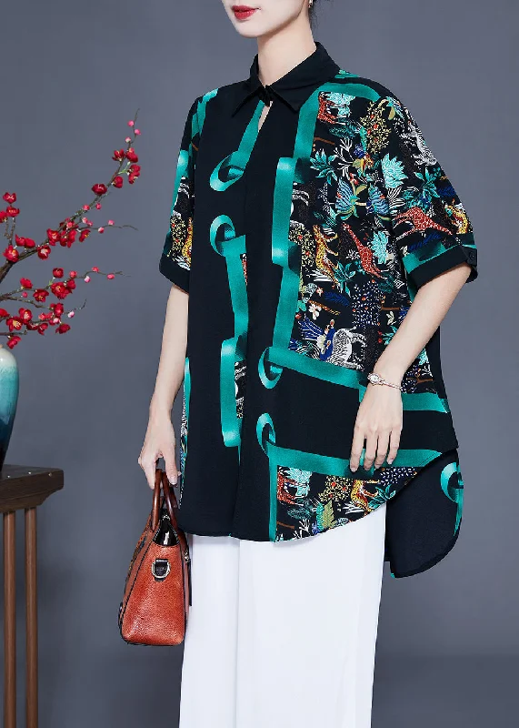 Special Discount French Black Oversized Print Silk Shirt Top Summer LY0937