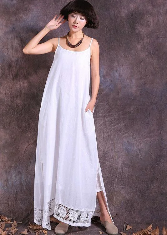 Flash Deals t-shirt dressDIY white side open linen clothes hollow out hem Maxi summer Dresses