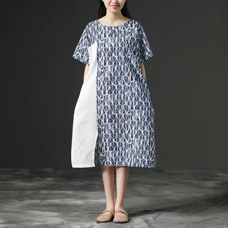 Super Deal layered dressFrench linen Wardrobes Fashion Linen Blue Round Neck Loose Commuter Dress