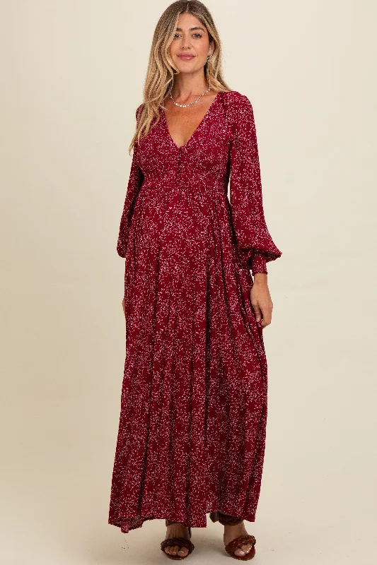 Final Clearance lace-up dressBurgundy Floral Smocked Button Detail Maternity Maxi Dress