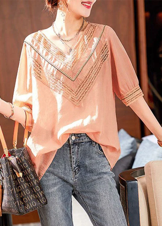Final Sale Simple Pink V Neck Hollow Out Patchwork Linen Tops Summer LY0614