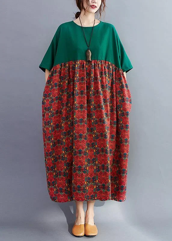 Huge Discounts office dressLoose o neck quilting dresses Catwalk blackish green patchwork print Dresses