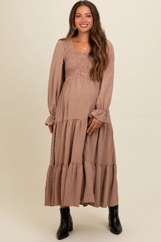 Crazy Savings romantic dressMocha Smocked Tiered Long Sleeve Maternity Maxi Dress