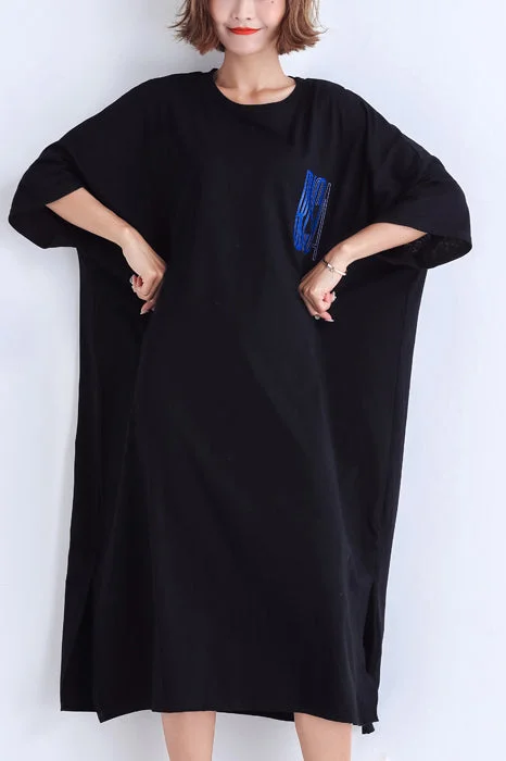 Discount Deals summer dressFrench o neck side open linen outfit 18th Century Sleeve black daily Dress Summer