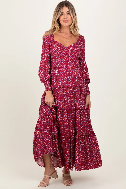 Super Deal romantic dressBurgundy Floral Button Accent Bodice Tiered Maternity Maxi Dress