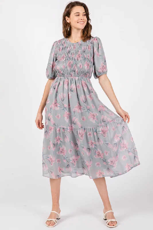 Hot Deal shift dressGrey Floral Smocked Ruffle Hem Midi Dress