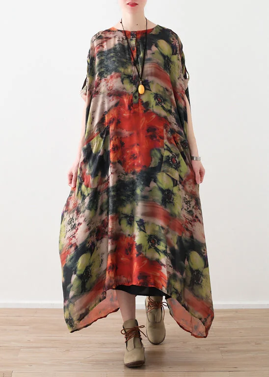 Anniversary Sale boho-chic dressNatural red floral silk Robes 2024 Shirts o neck long summer Dresses