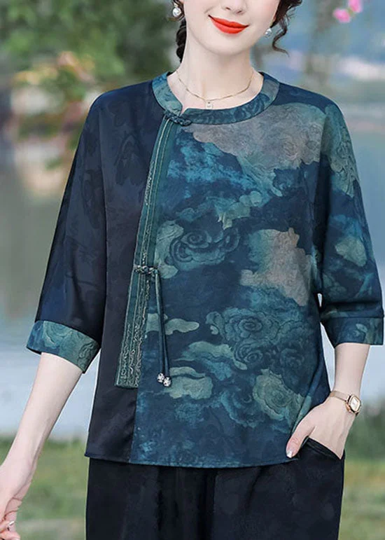 Super Sale Blue Patchwork Silk T Shirt Top O Neck Tasseled Summer LC0276