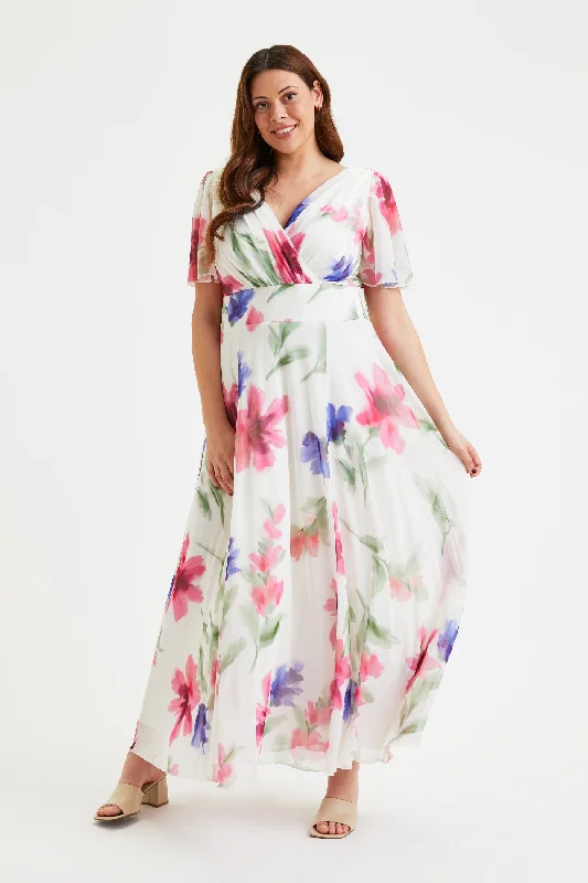 Savings Event puff sleeve dressIsabelle Ivory Pink Blue Float Sleeve Maxi Dress