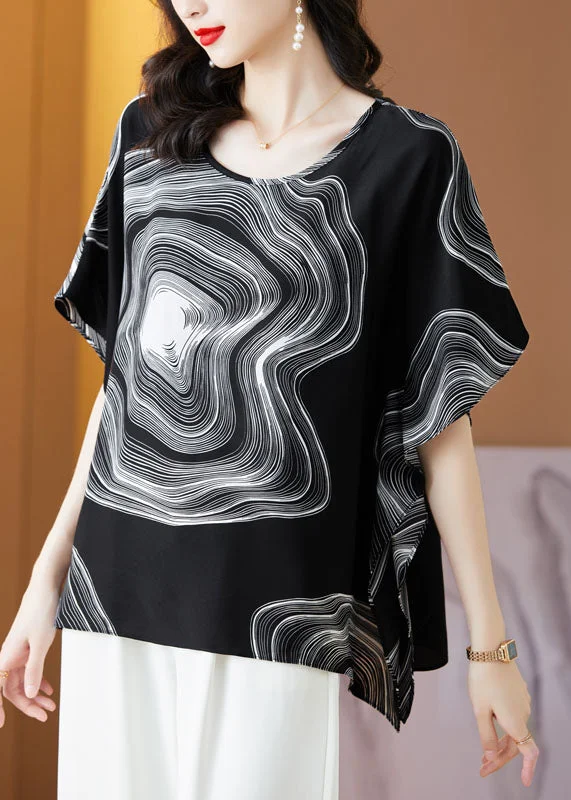 Discount Deals Black Patchwork Print Silk Blouse Tops O Neck Summer LY0482