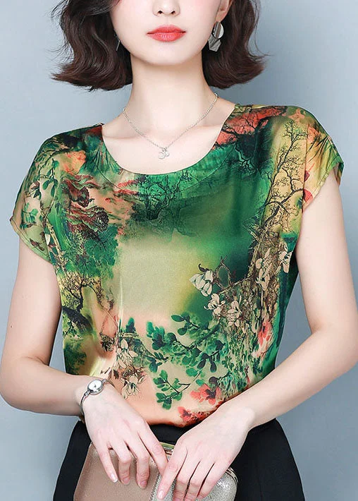 Deal Dash Classy Green O-Neck Print Tops And Pants Two Piece Suit Set Summer LY0477