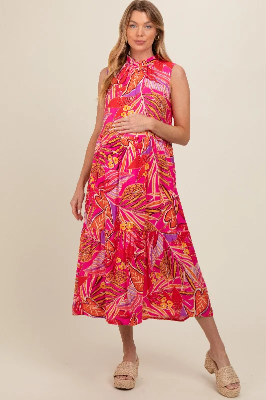 Exclusive Deal casual knit dressFuchsia Floral Ruffle Mock Neck Tiered Maternity Midi Dress