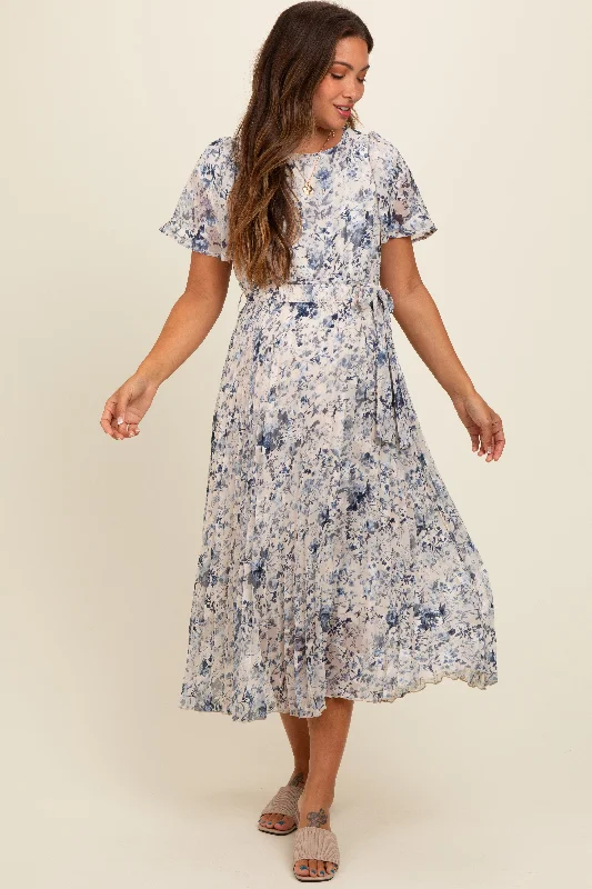 Sale Event flowy dressCream Floral Pleated Maternity Midi Dress