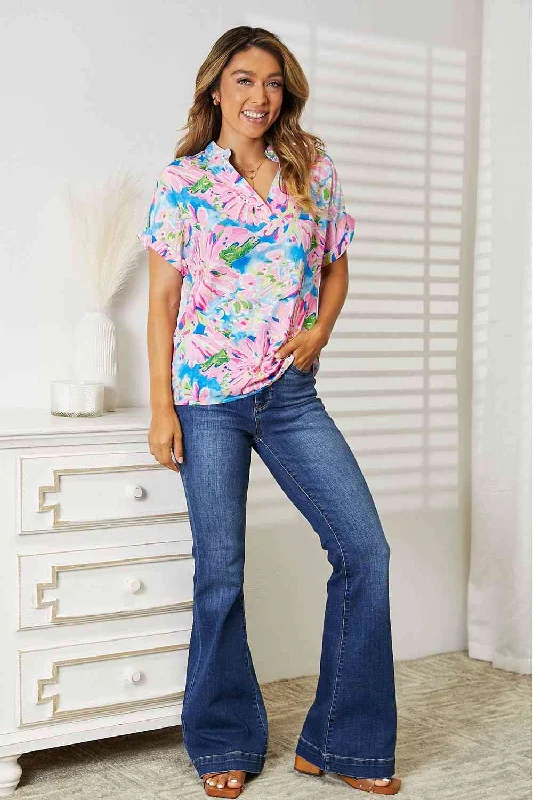 Super Sale Double Take Floral Notched Neck Short Sleeve Top, Also Plus sizes