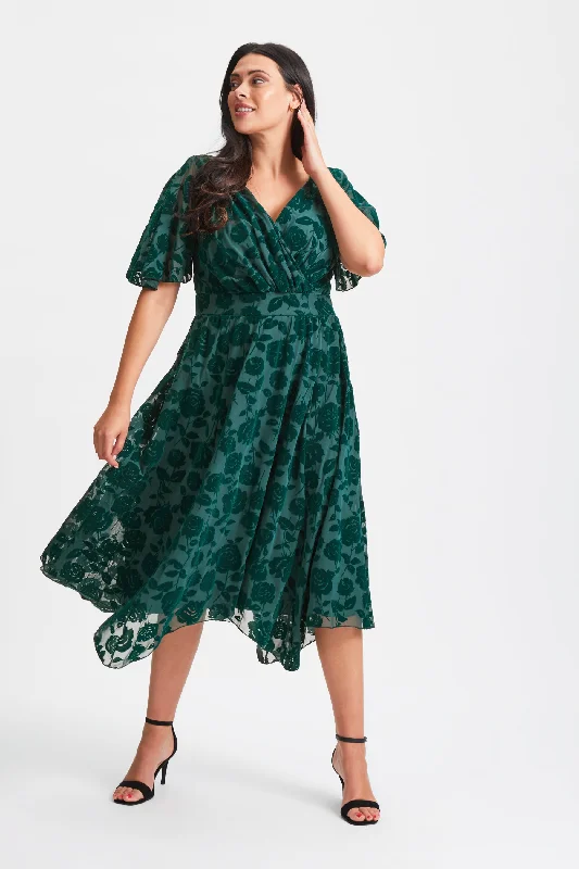 Seasonal Sale casual summer dressJulie Dark Green Velvet Flock Hanky Hem Dress