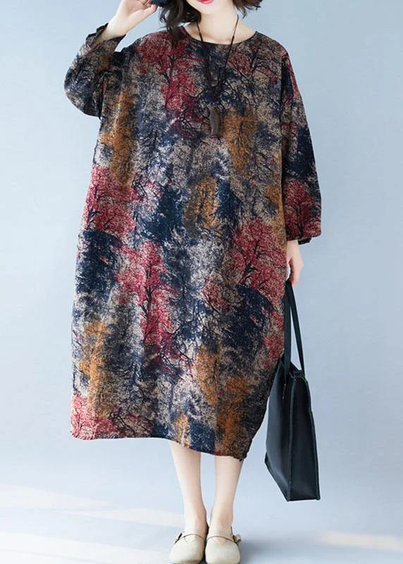 YEAR-End Sale fitted bodycon dressChic floral cotton tunic dress o neck baggy Kaftan Dresses