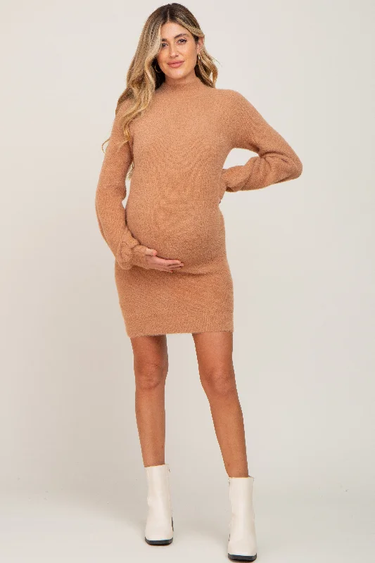 Take Advantage wrap-around dressCamel Fuzzy Knit Puff Sleeve Maternity Sweater Dress
