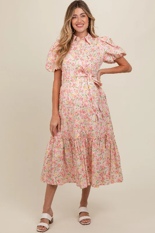 Overstock Sale layered dressPink Floral Puff Sleeve Button Down Maternity Midi Dress