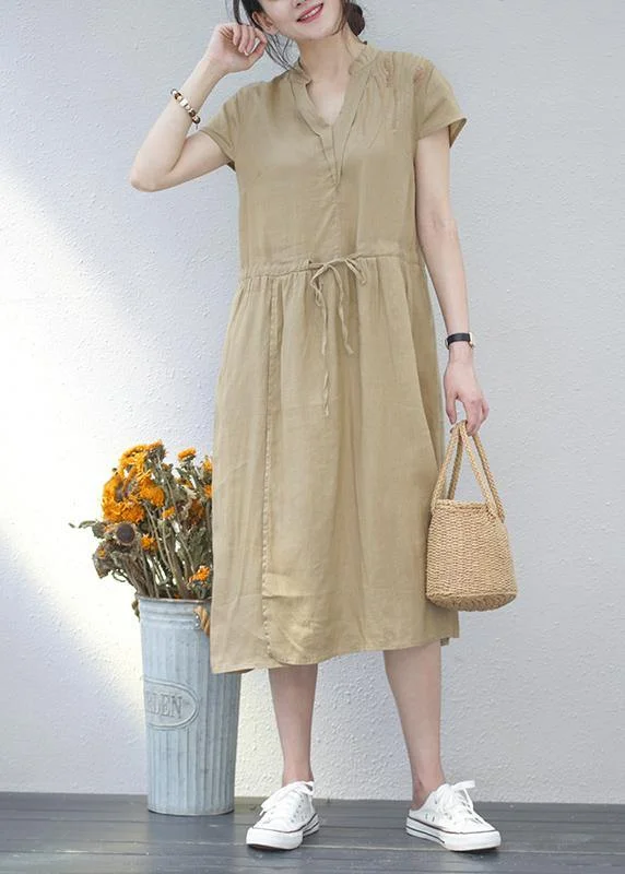Discount Mania textured dressArt khaki linen clothes For Women v neck drawstring long summer Dresses