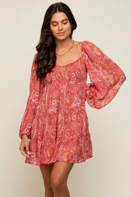 Closeout Sale sleeveless dressRed Paisley Tiered Long Sleeve Mini Dress