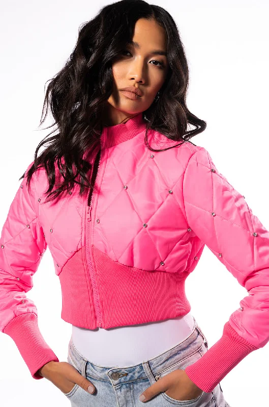 Price Cut classic jacketBIPIDI NEON PUFFER BOMBER WITH RHINESTONES
