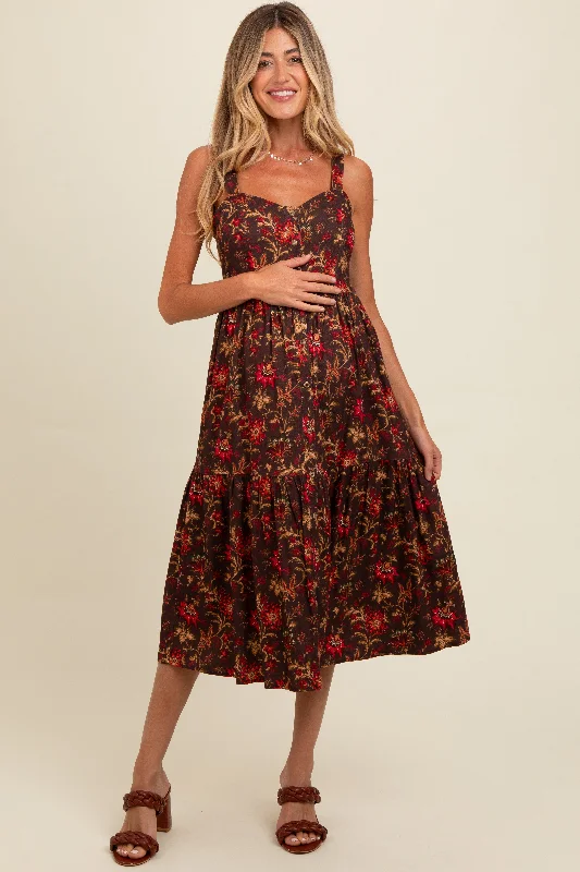 Price Cut sophisticated dressBrown Floral Sweetheart Neck Button Down Maternity Midi Dress