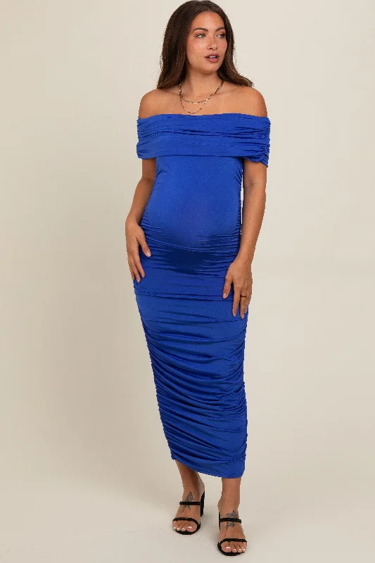 Special Discount textured dressRoyal Blue Off Shoulder Ruched Maternity Midi Dress