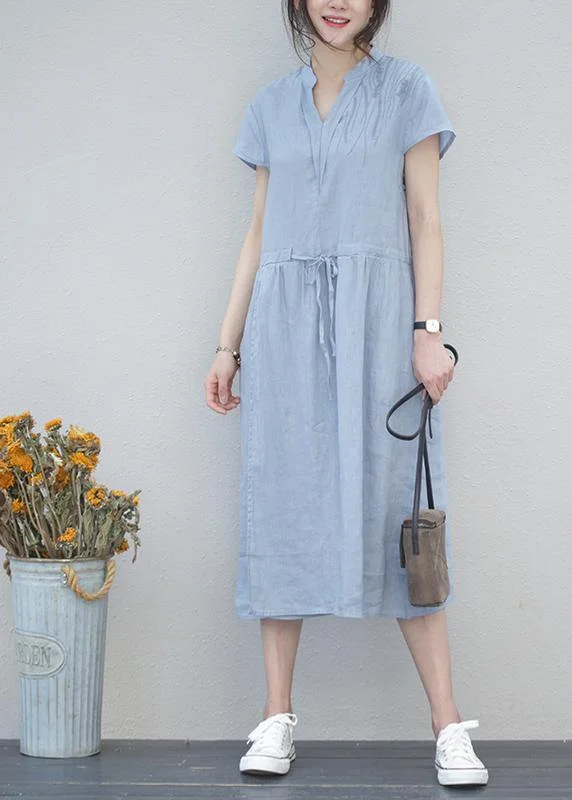 Exclusive Offers draped dressDIY v neck drawstring linen summer Robes Tunic blue Dresses