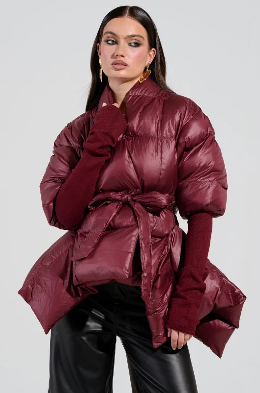 Deal Dash slim fit coatRIB SLEEVE PEPLUM PUFFER IN BURGUNDY
