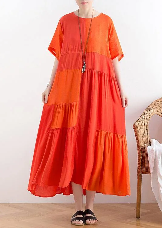 Price Cut summer dressHandmade o neck patchwork cotton clothes For Women Catwalk orange long Dress