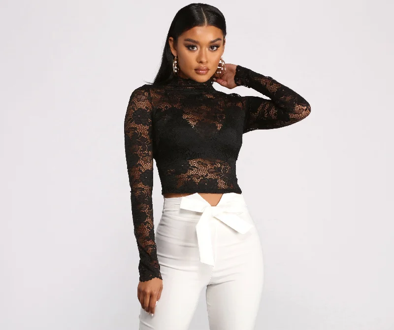 Special Price Mock Neck Long Sleeve Floral Lace Top