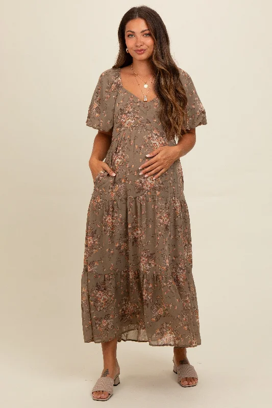 Super Bargain chic dressOlive Floral Tiered Puff Sleeve Maternity Maxi Dress