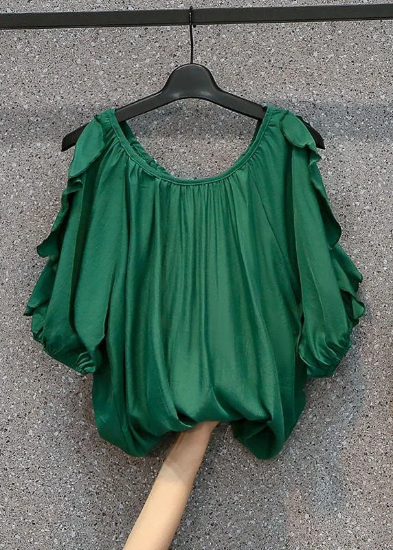 Don't Wait Modern Green O Neck Ruffled Patchwork Chiffon Top Summer LY0368