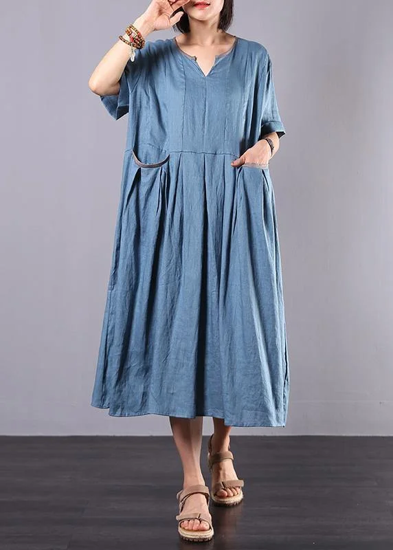 Limited Availability sleek midi dressFrench blue linen clothes For Women big hem A Line summer Dress