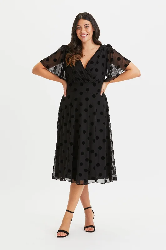 Don't Miss sleek midi dressVictoria Black Velvet Flock Angel Sleeve Mesh Midi Dress
