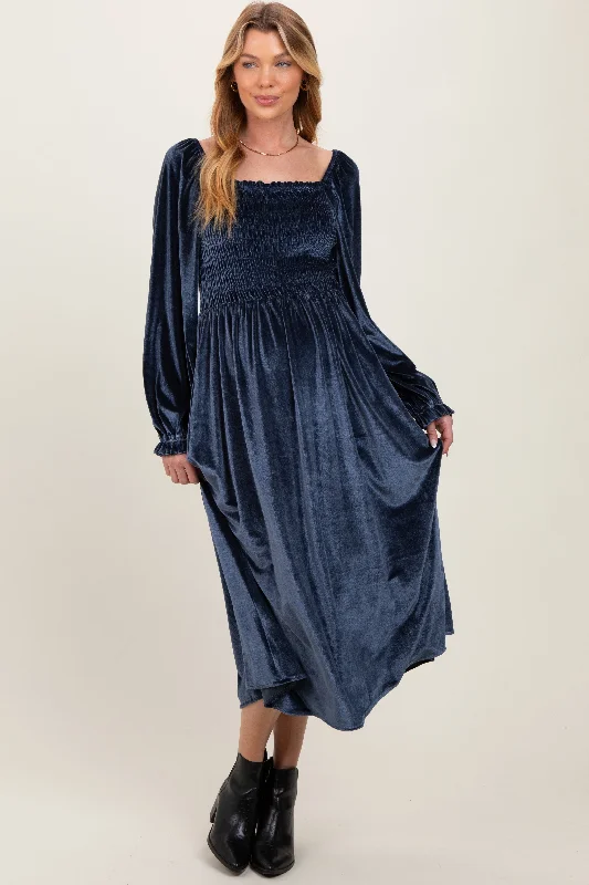 Weekend Special sleek dressNavy Velvet Smocked Long Sleeve Maternity Maxi Dress