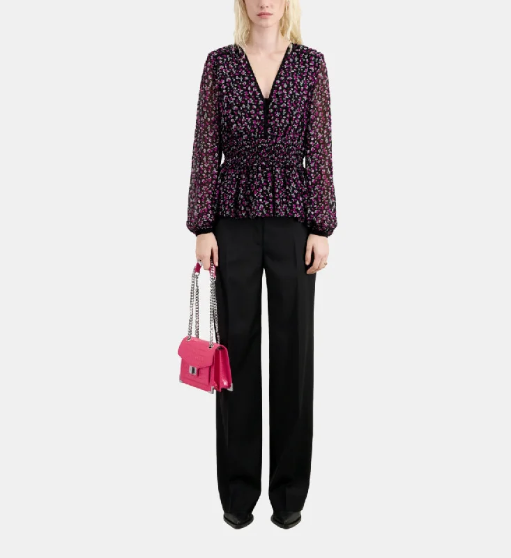 Extra Discounts Printed Top With Smocking | Women | Black x Pink