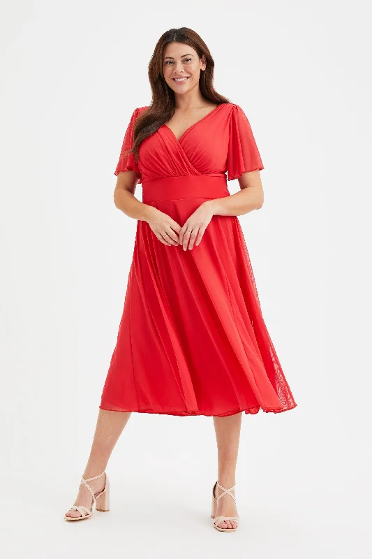 Fantastic Offers tiered dressVictoria Solid Scarlet Red Angel Sleeve Mesh Midi Dress