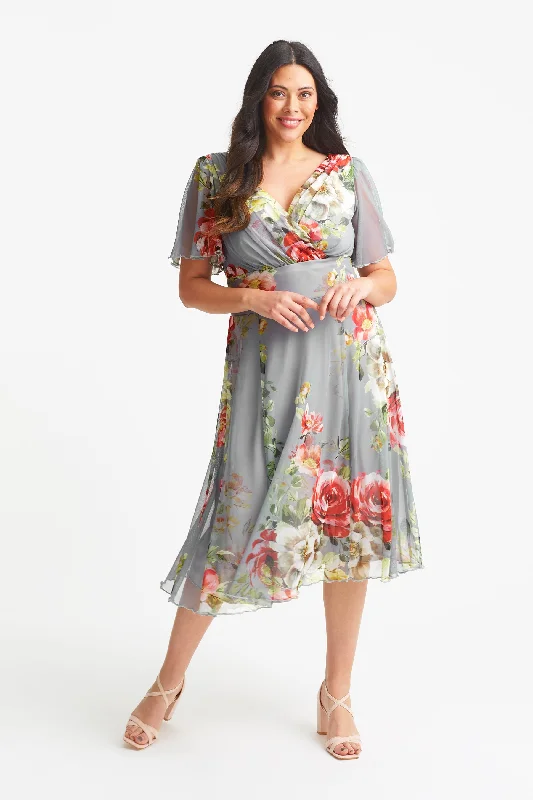 Epic Deals satin dressVictoria Silver Red Angel Sleeve Mesh Midi Dress