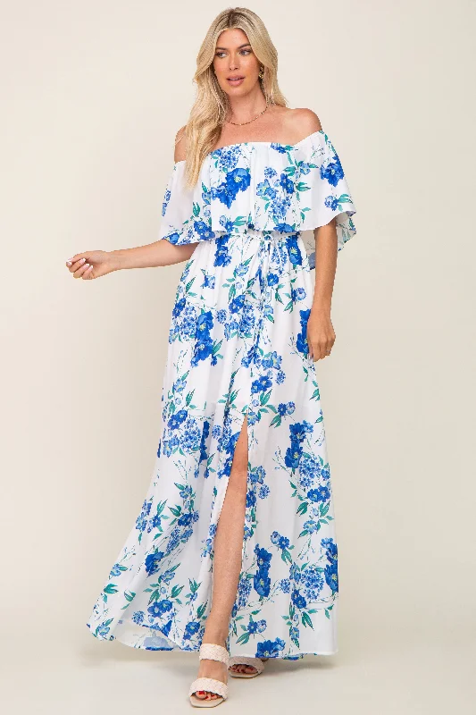 Final Clearance formal dressBlue Floral Overlay Off-Shoulder Side Slit Maxi Dress