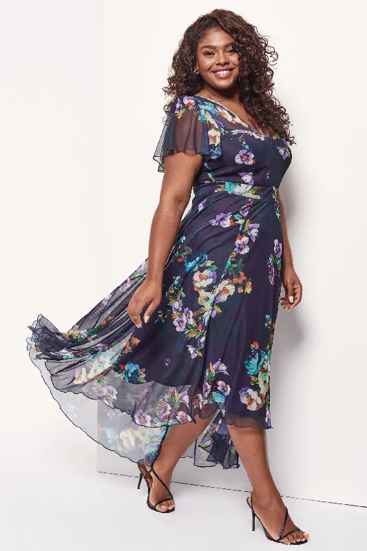 Huge Discounts draped dressTilly Navy Violet Print Angel Sleeve Sweetheart Dress
