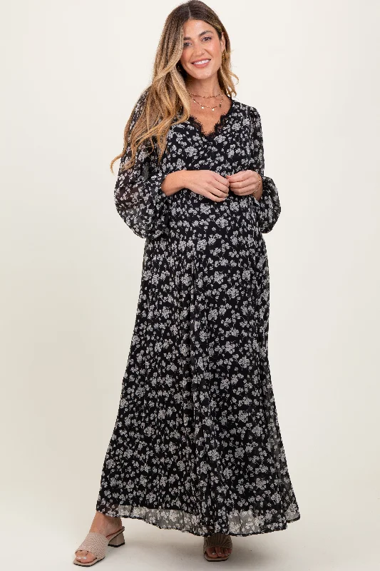 Super Bargain elegant shift dressBlack Floral Chiffon Lace Trim Back Tie Maternity Maxi Dress