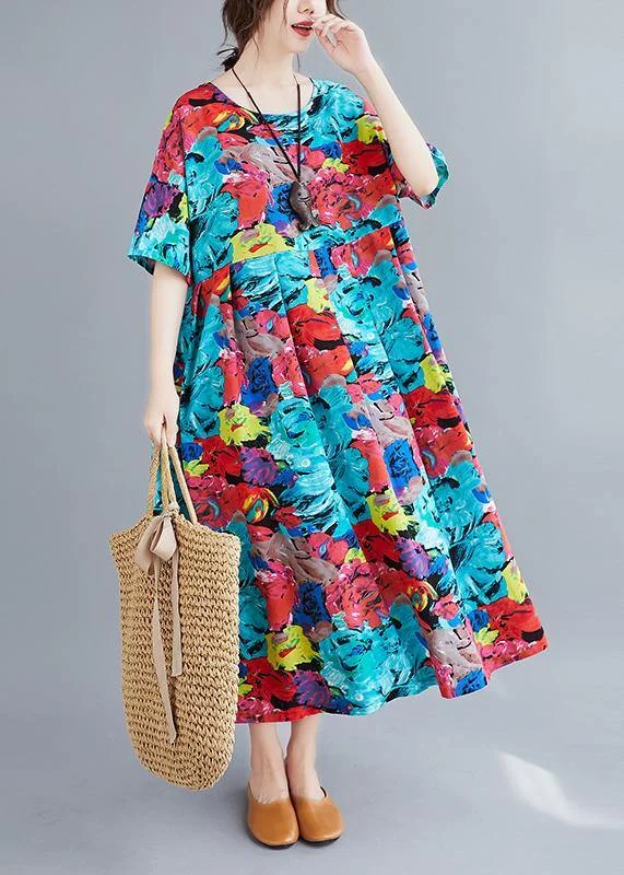 The Best Prices sophisticated dressBohemian o neck summer dresses Sewing red blue print Dress